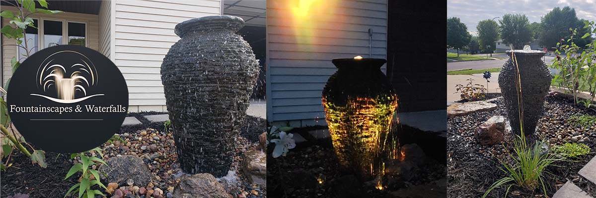 Web page header featuring three photos of a stacked slate urn fountain.