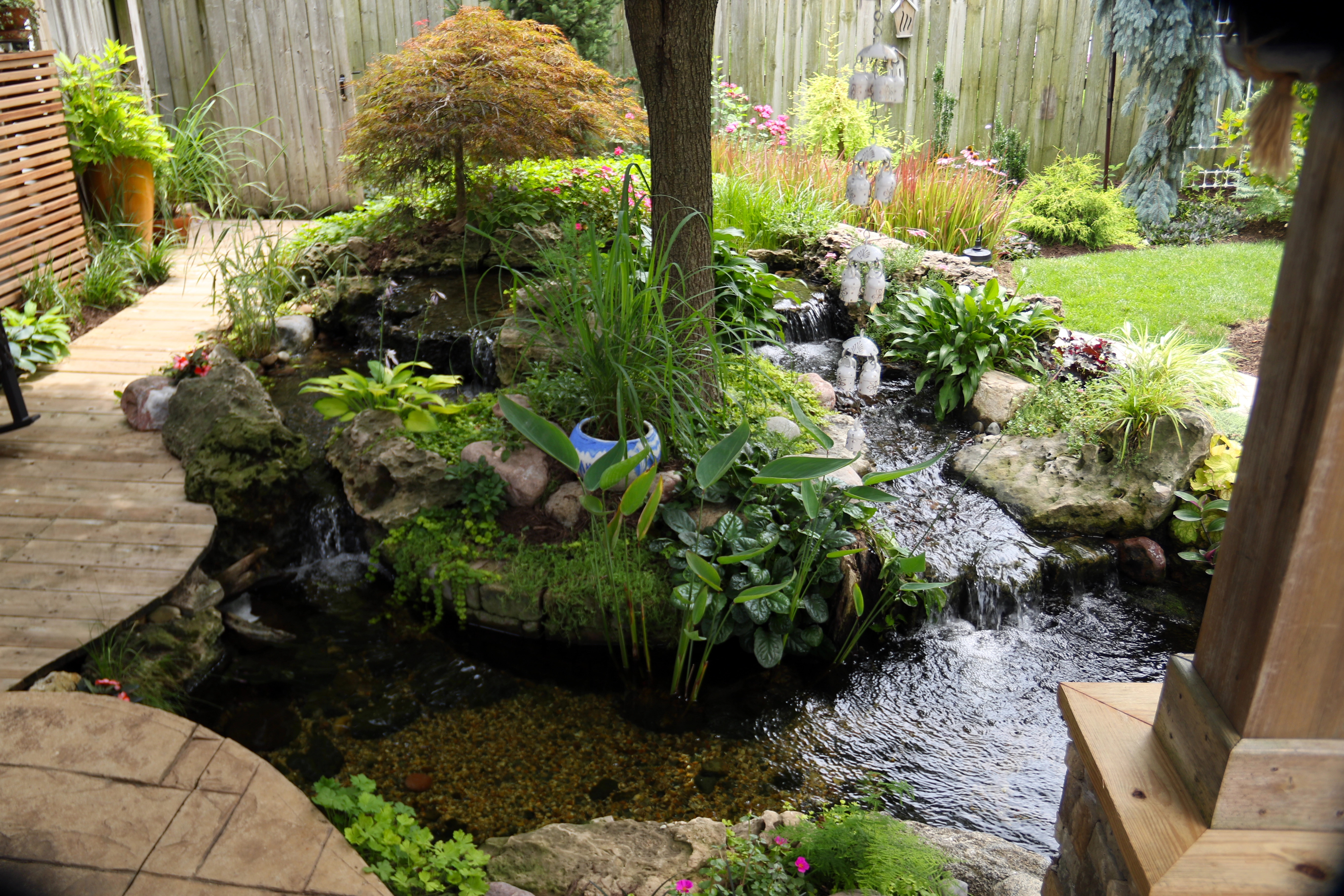 Small ecosystem pond integrated beside an existing patio