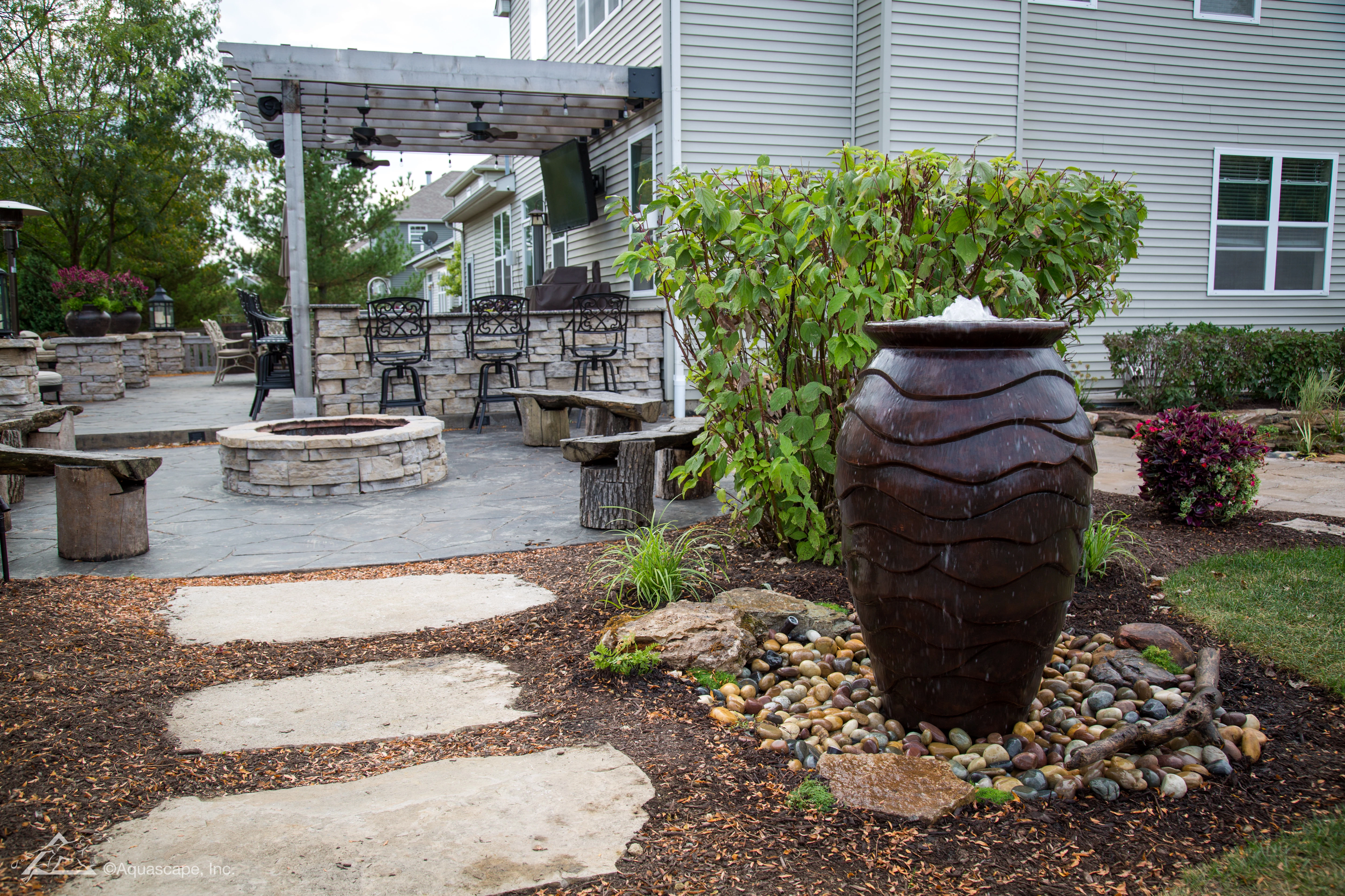 Decorative fountainscape in an outdoor patio setting