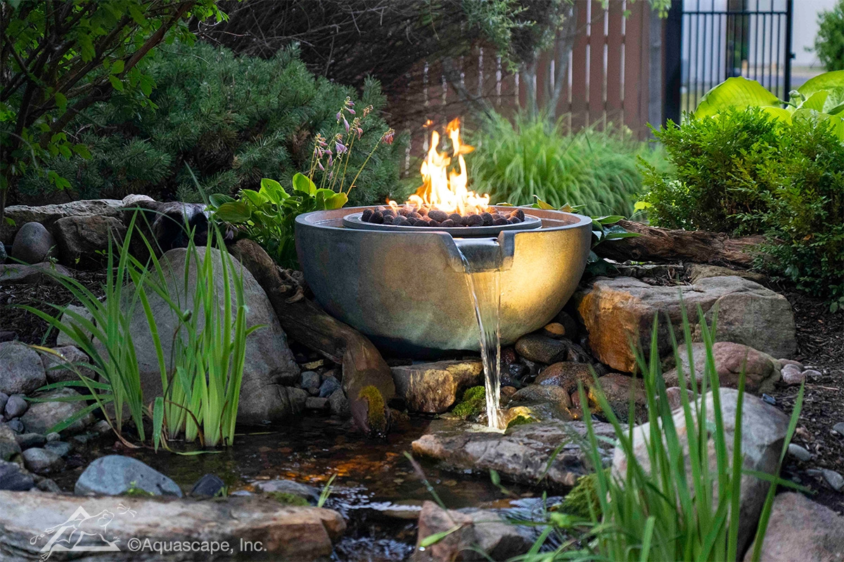 Fire and water spillway bowl fountain