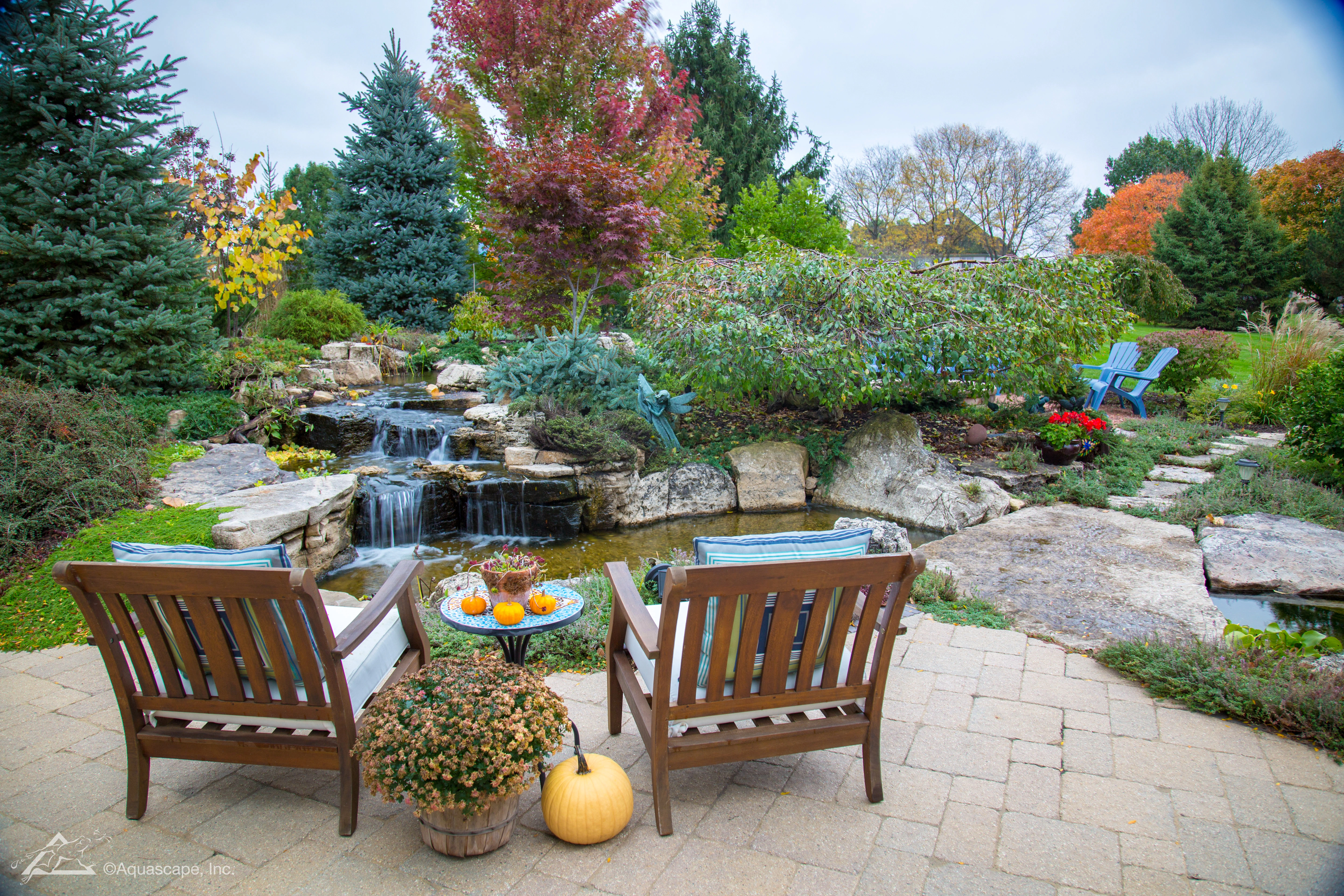Patio overlooking a waterfall