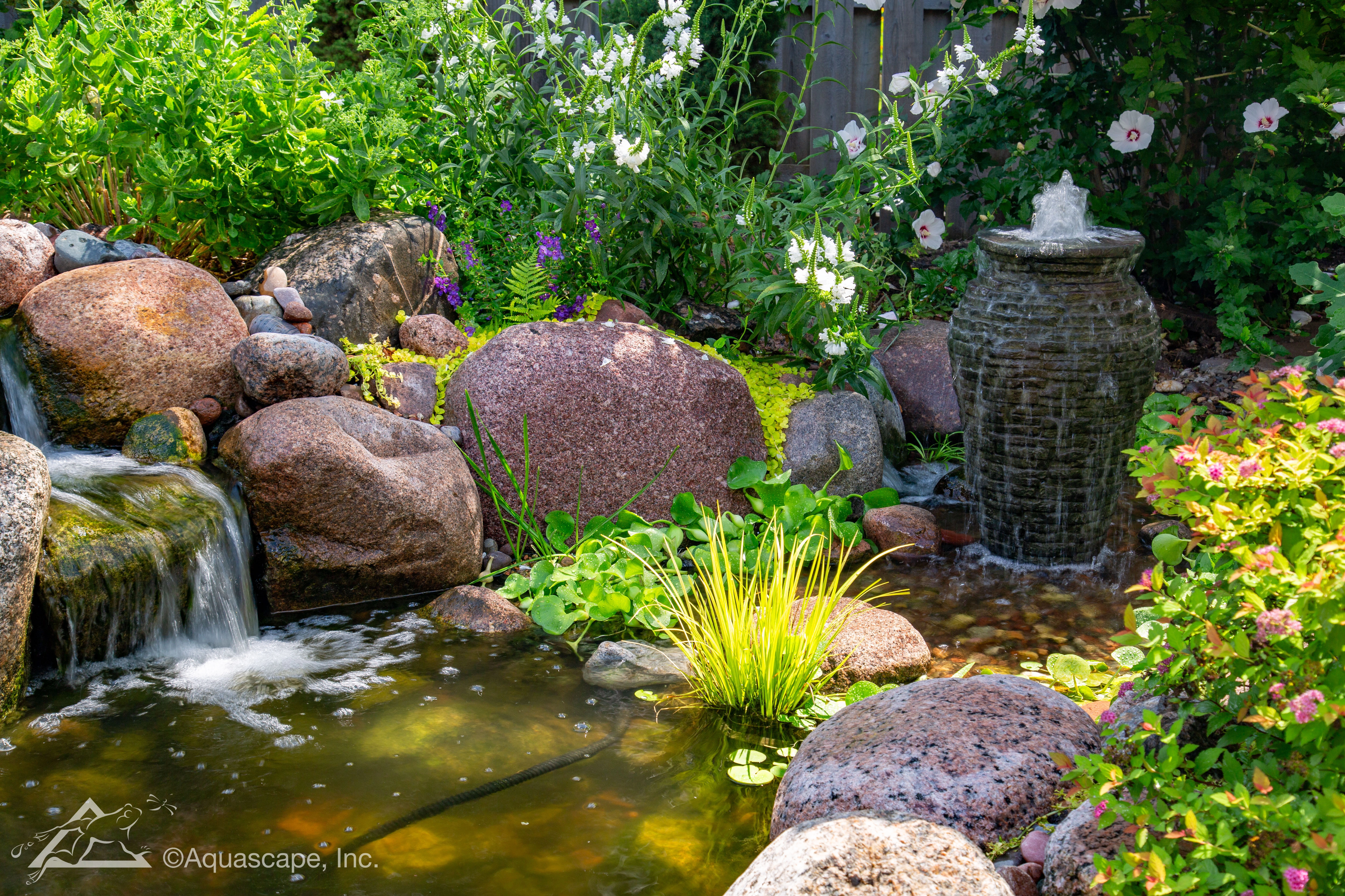 Water feature integrated into a landscaped outdoor space