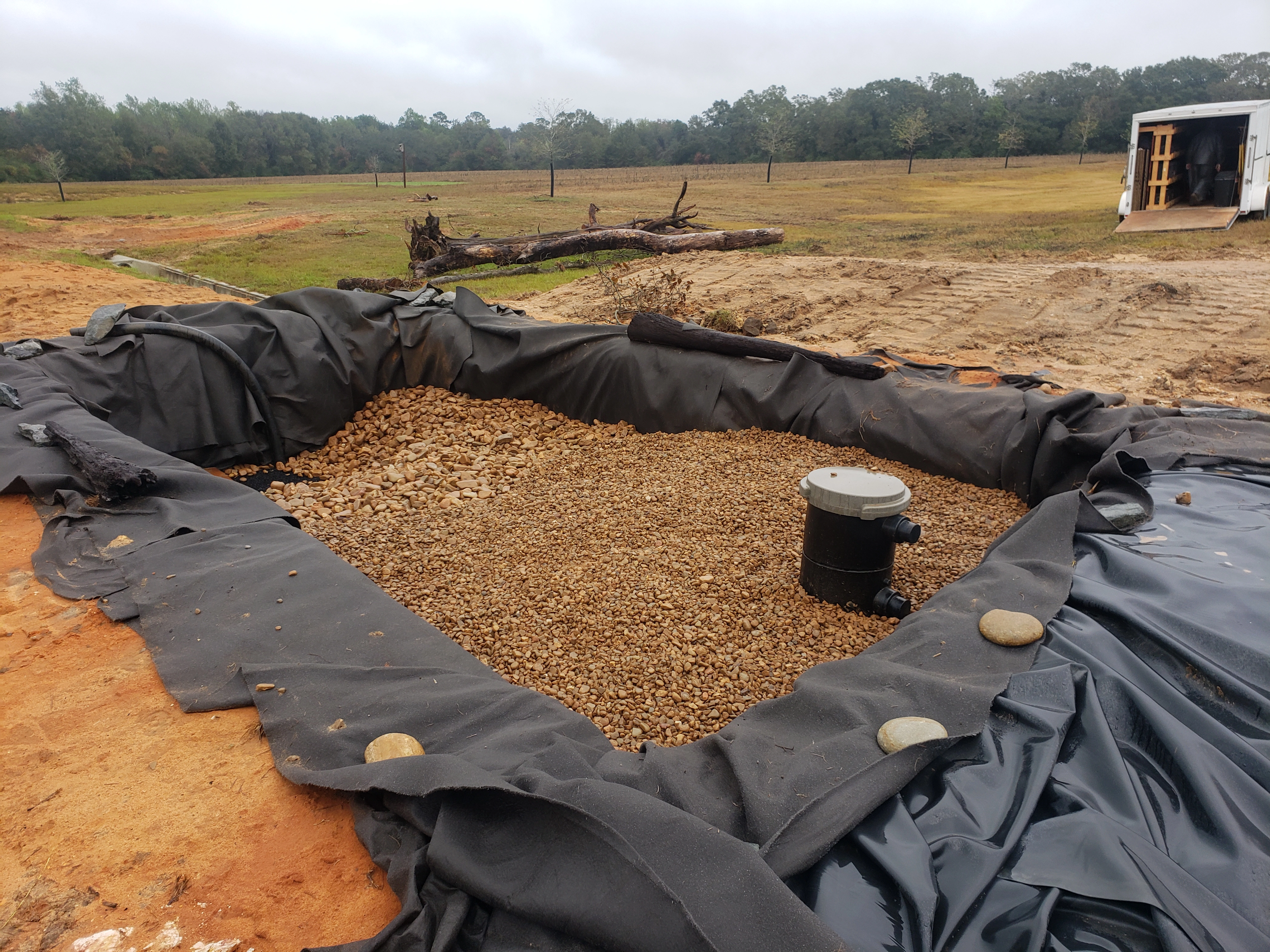 Wetland filter construction with liner, underlayment, gravel, and filtration components