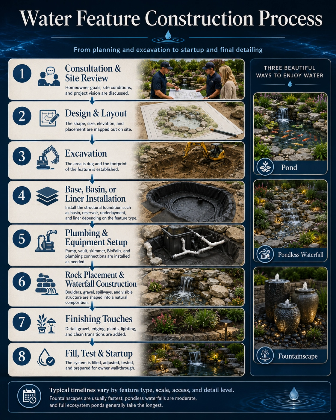 Water feature construction process with excavation, stonework, plumbing, and site preparation
