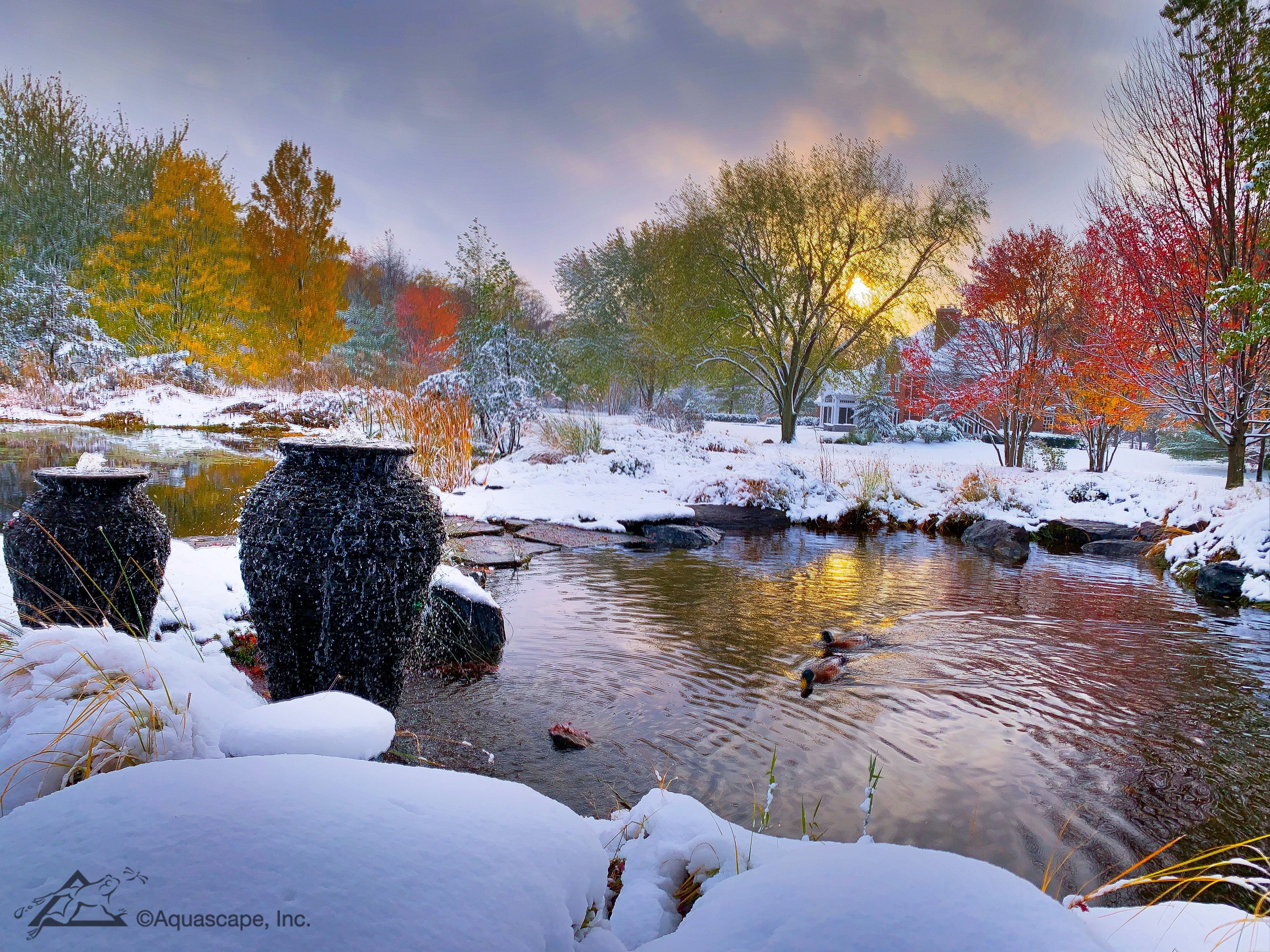 Winter ecosystem pond fountains for an Orono Minnesota property